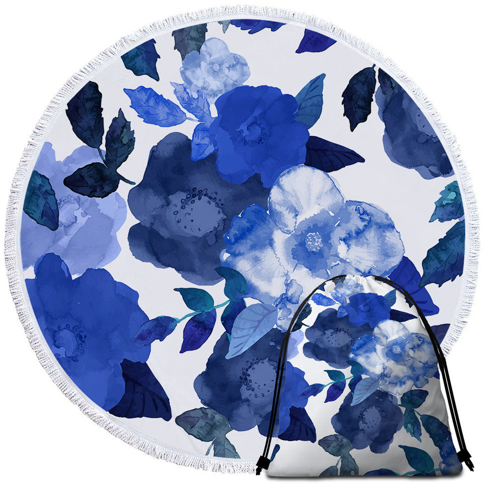 Blue Round Beach Towel with Water Colored Flowers