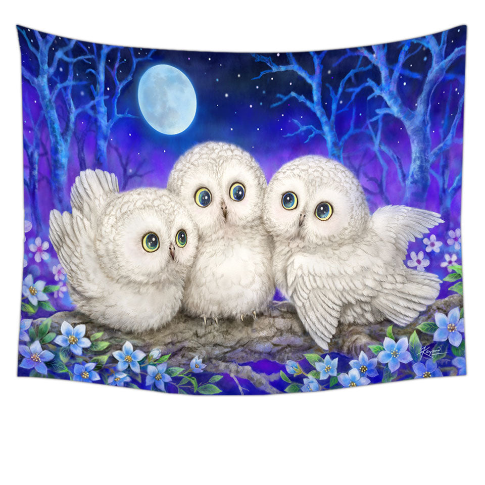 Blue Tapestry Wall Hanging Purple Moonlight Forest Owl Triplets