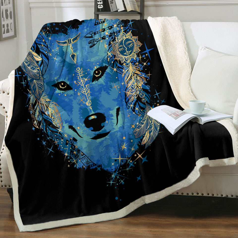 Blue Throw Blanket for Men with Wolf
