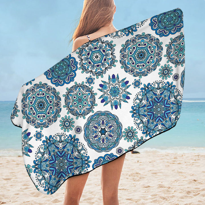 Blue Turquoise Beach Towels Snowflakes Mandalas