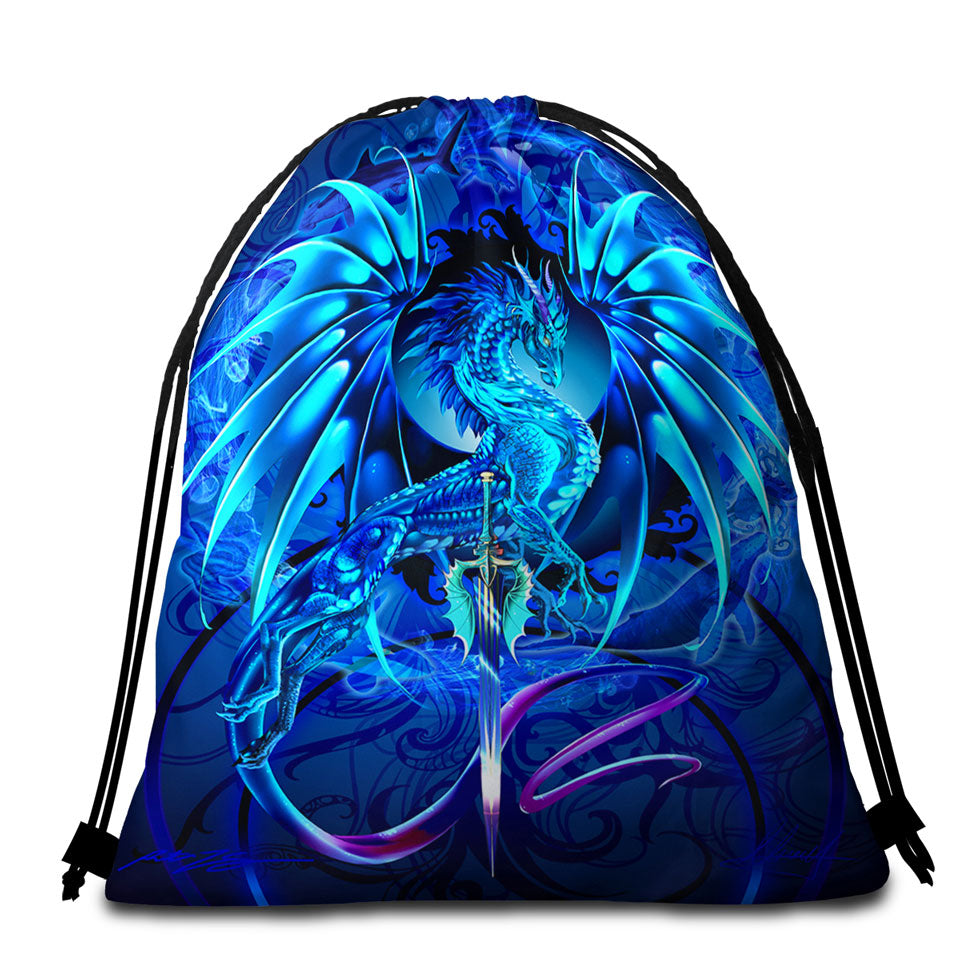 Blue Unique Beach Bags for Towels with Fantasy Weapon Dragon Sword Sea Blade