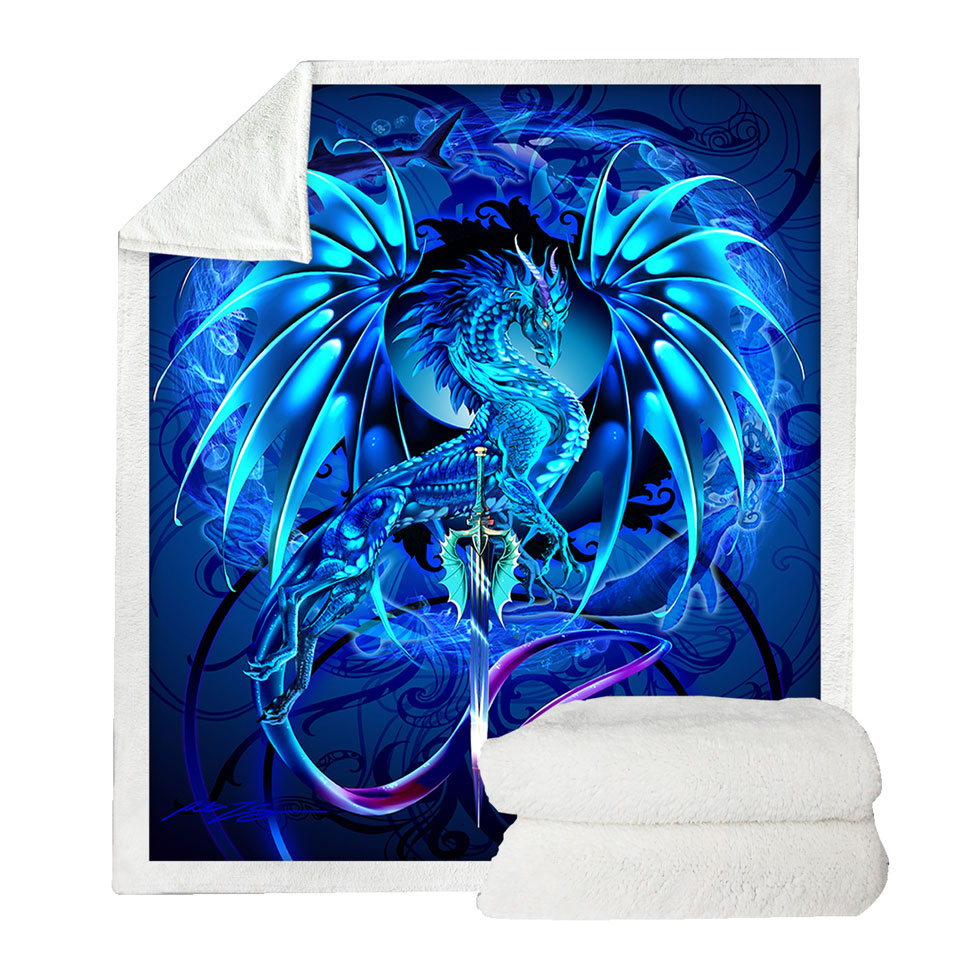 Blue Unique Decorative Blanket Fantasy Weapon Dragon Sword Sea Blade