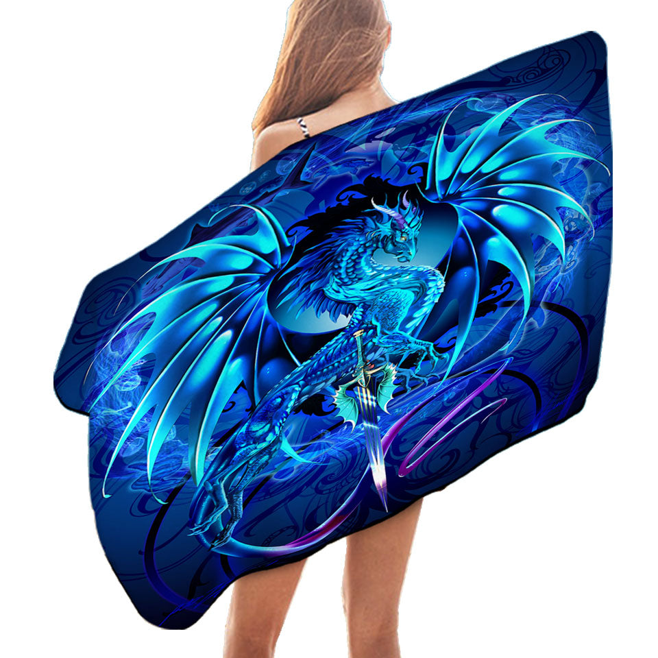 Blue Unique Pool Towels with Fantasy Weapon Dragon Sword Sea Blade