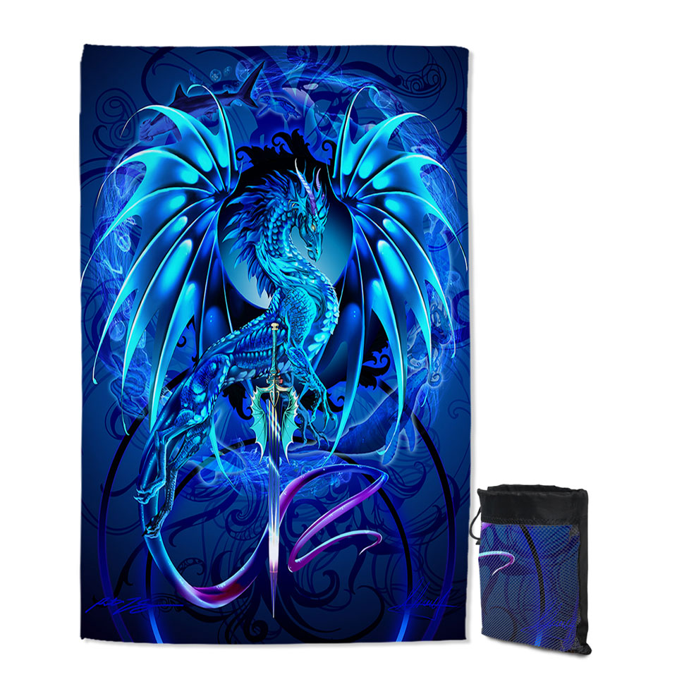Blue Unique Swimming Towels with Fantasy Weapon Dragon Sword Sea Blade