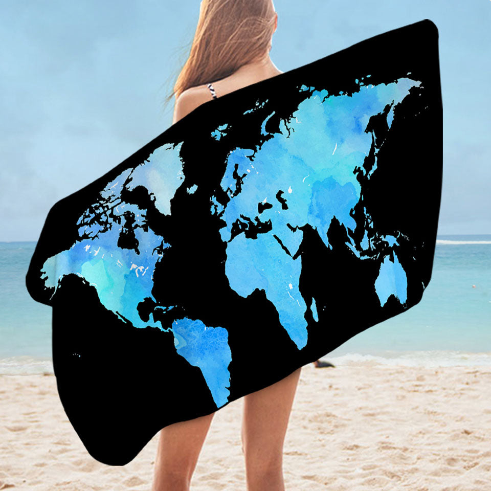 Blue World Map Beach Towel