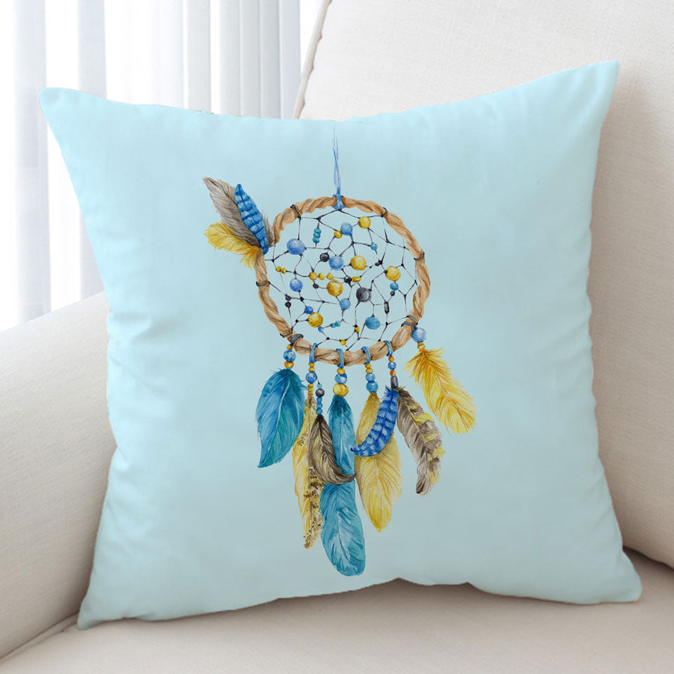 Blue and Yellow Feathers Dream Catcher Decorative Pillows