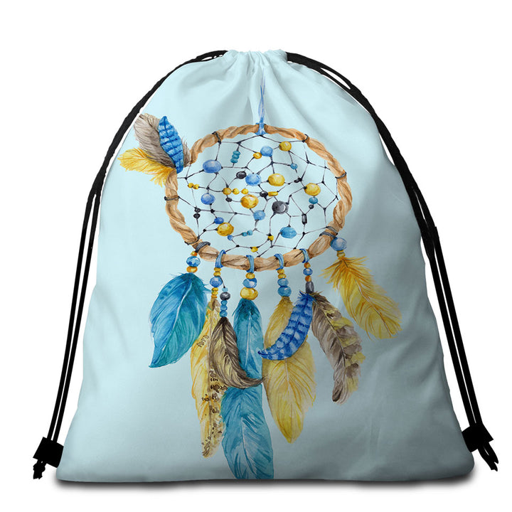 Blue and Yellow Feathers Dream Catcher Packable Beach Towel