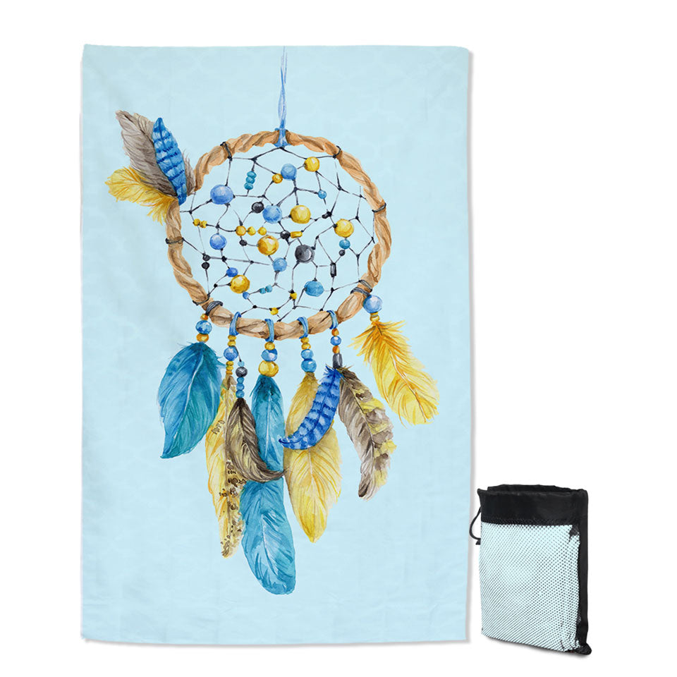 Blue and Yellow Feathers Dream Catcher Quick Dry Beach Towel