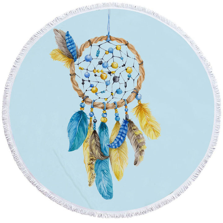 Blue and Yellow Feathers Dream Catcher Round Towel