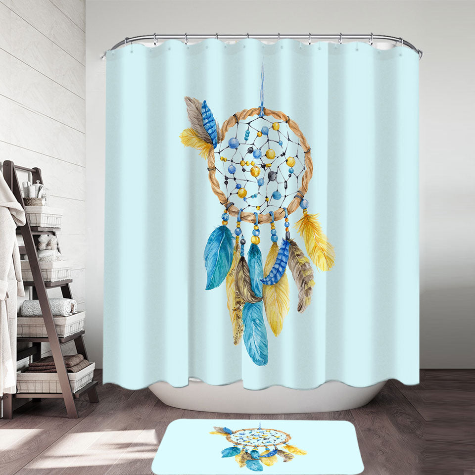 Blue and Yellow Feathers Dream Catcher Shower Curtain