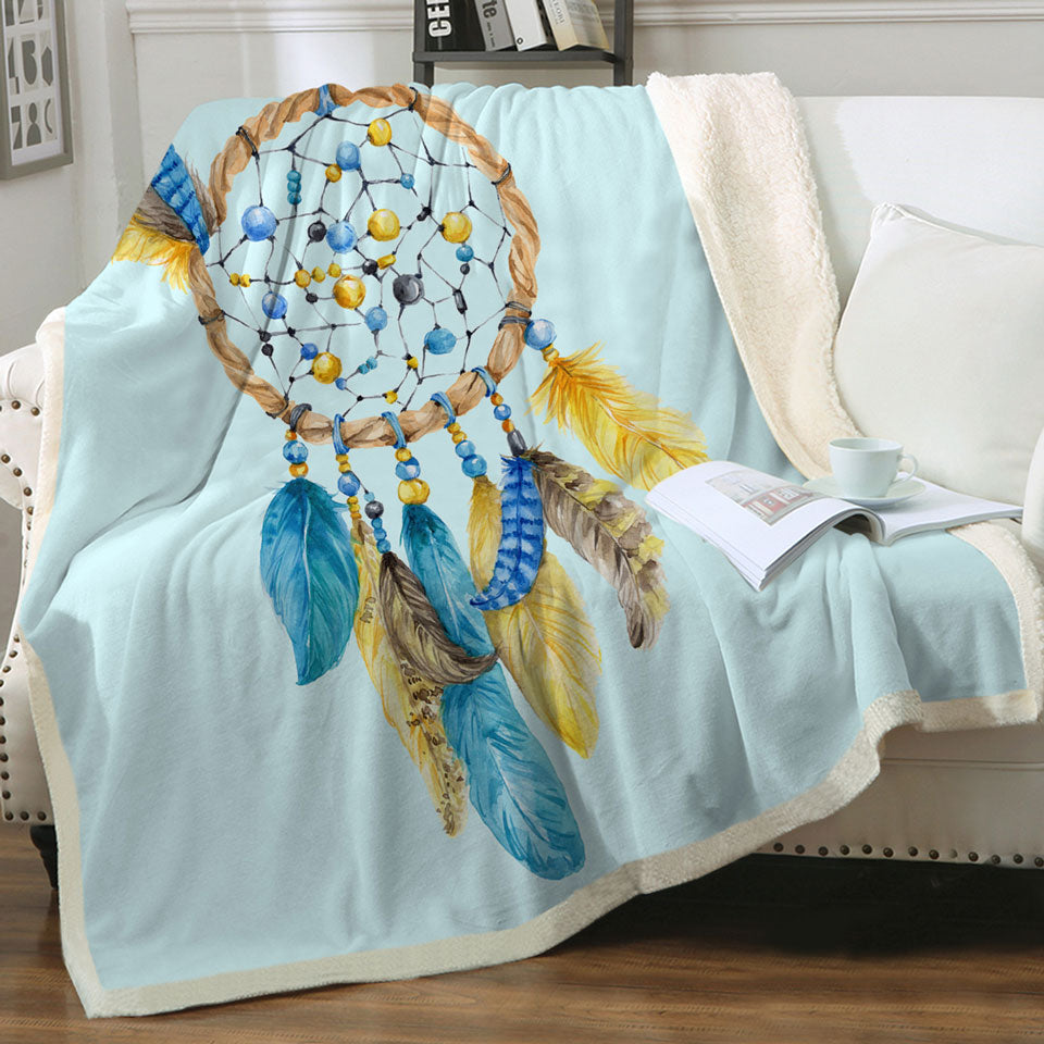 Blue and Yellow Feathers Dream Catcher Throw Blanket