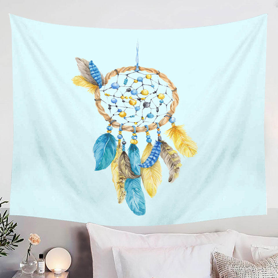 Blue and Yellow Wall Decor Tapestry Feathers Dream Catcher