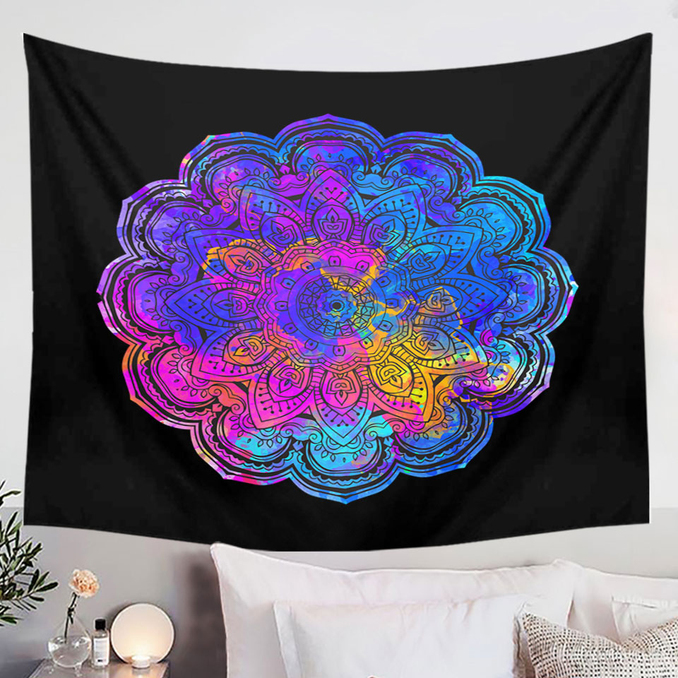 Bluish Reddish Mandala Home Decor Tapestry over Black