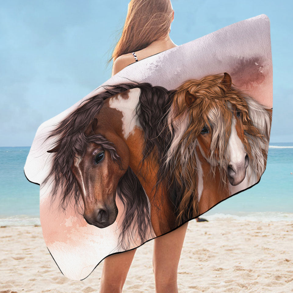 Boys Beach Towels Horses Art Two Brown Pinto Horses