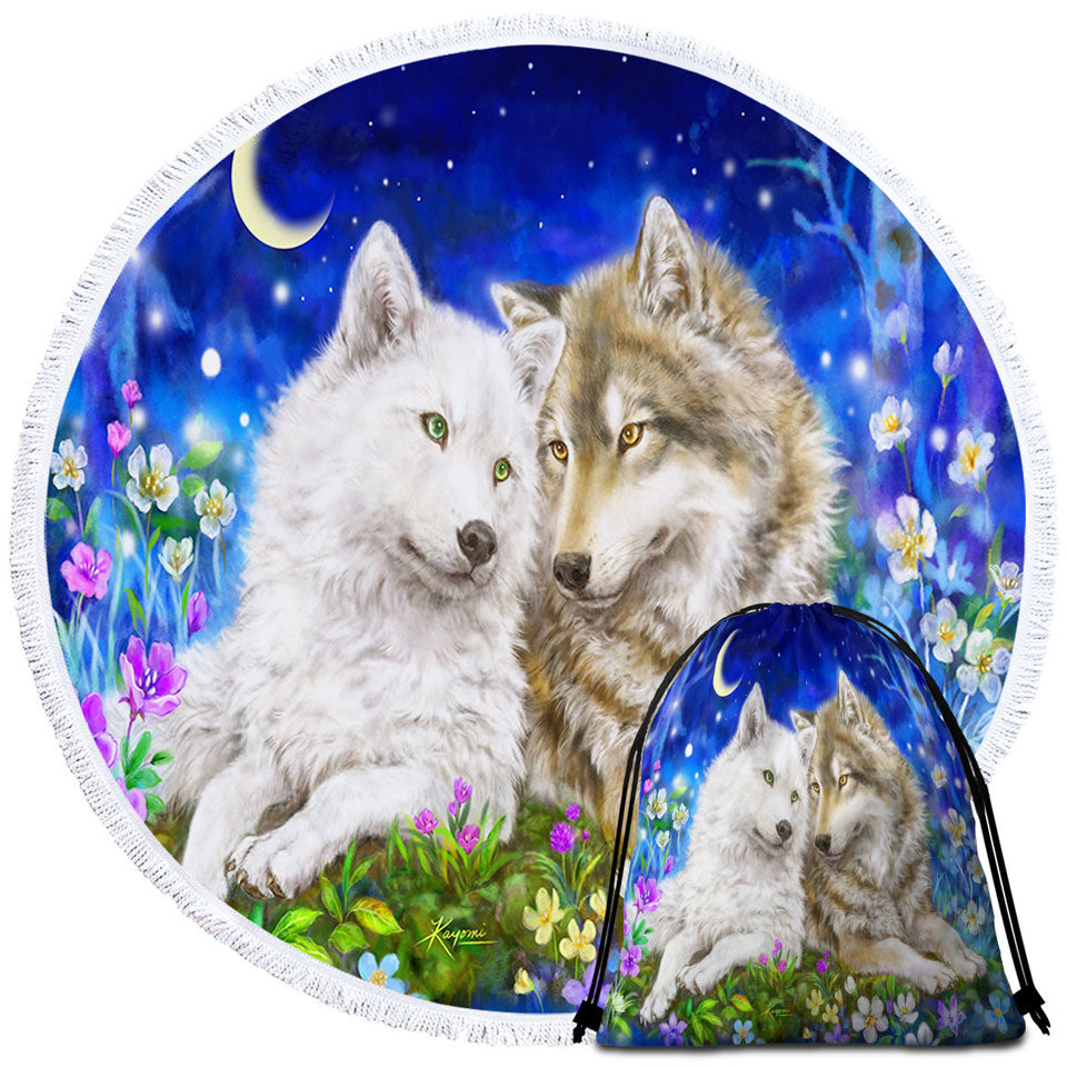 Boys Beach Towels with Wolves Art Design Flowers and Love at Night