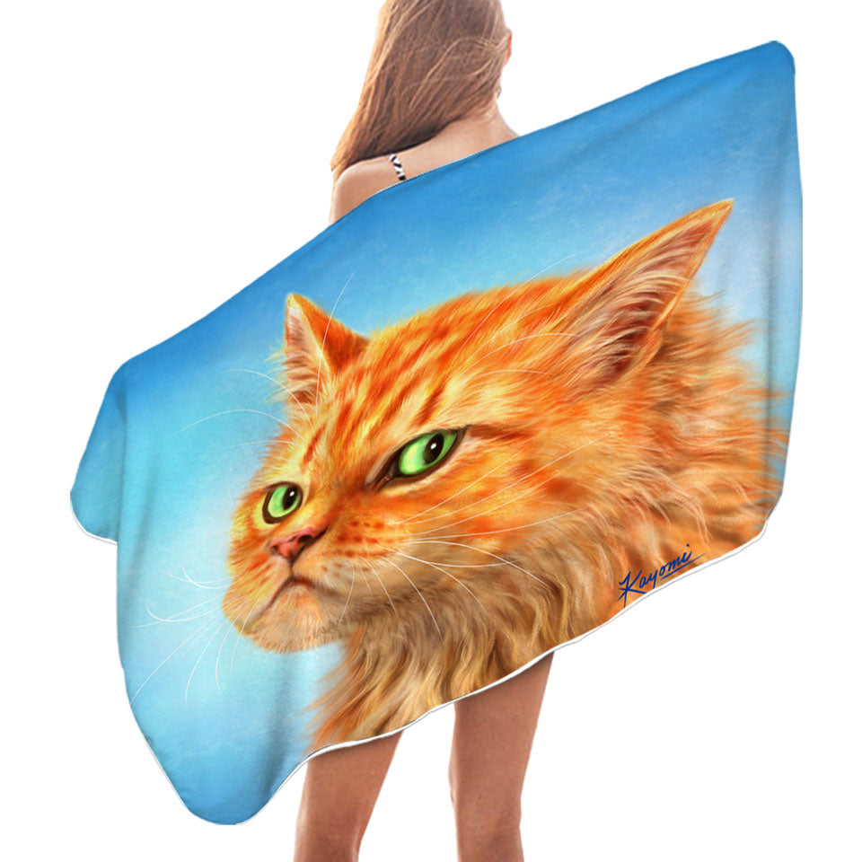 Boys Pool Towels Suspicious Ginger Cat over Blue