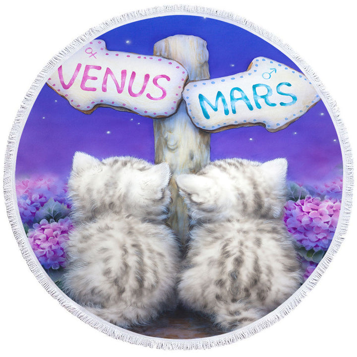 Boys or Girls Round Beach Towel Venus or Mars Grey Kittens