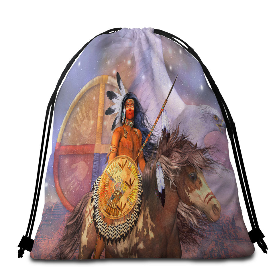 Brave Native American Beach Towel Bags Warrior Eagle and Horse