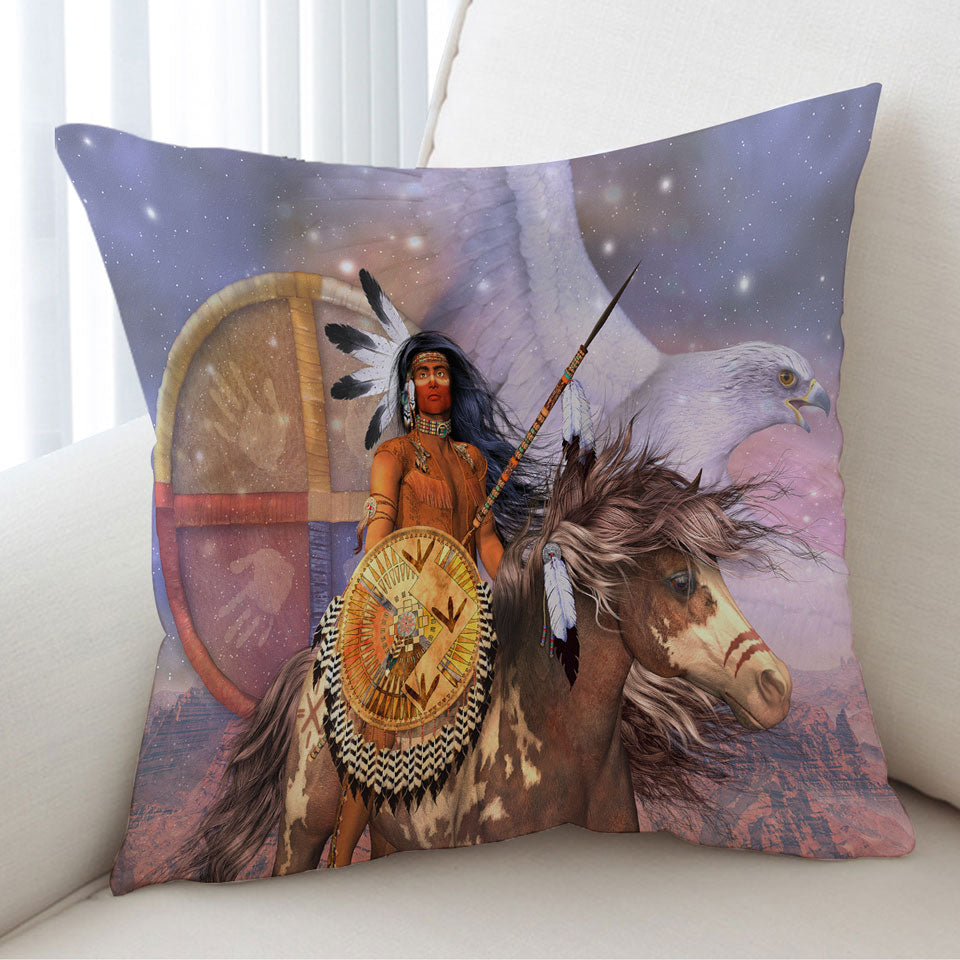 Brave Native American Cushion Covers Warrior Eagle and Horse
