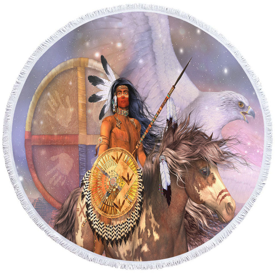 Brave Native American Round Beach Towel Warrior Eagle and Horse
