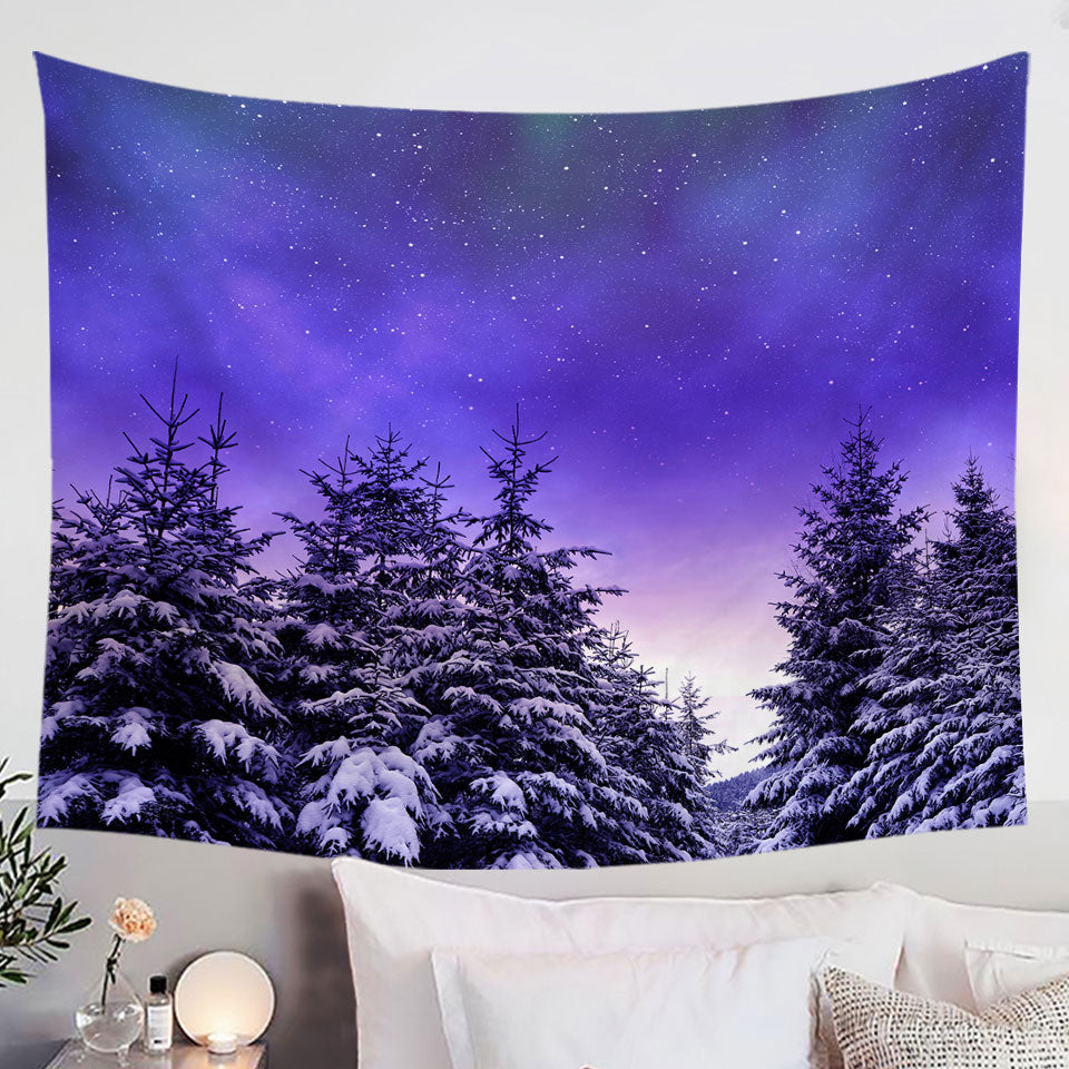 Bright Winter Night in the Snowy Forest Wall Decor Tapestry