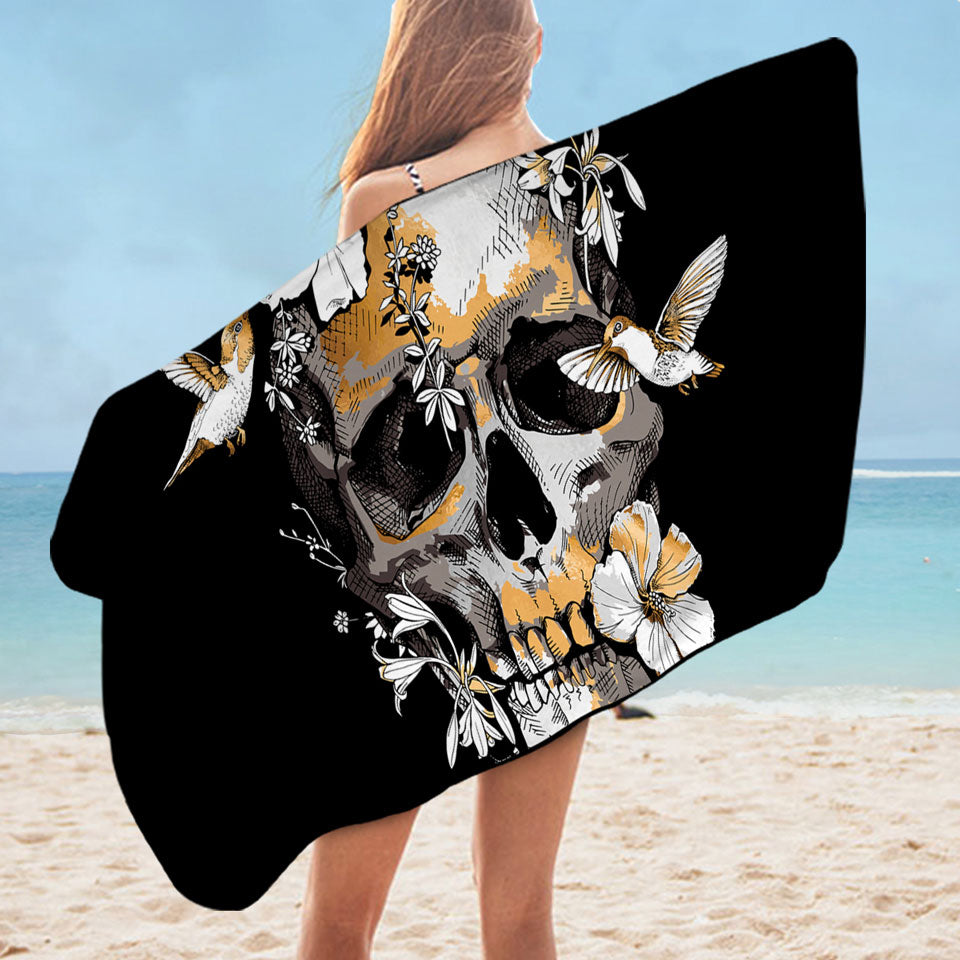 Bronze Skull and Hummingbirds Cool Beach Towels For Guys