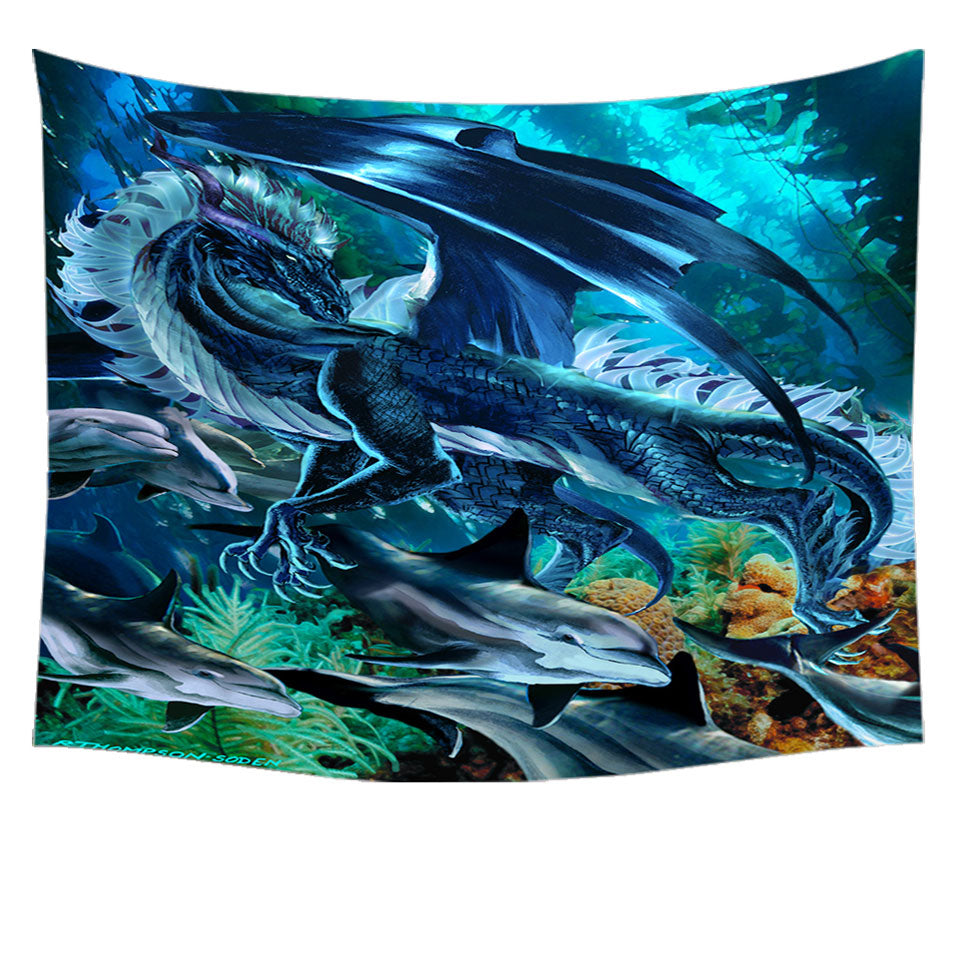 Brothers of the Sea Fantasy Dragon and Dolphins Tapestry Wall Decor
