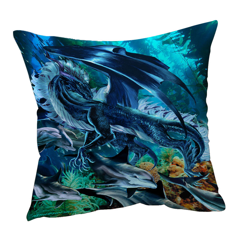 Brothers of the Sea Fantasy Dragon and Dolphins Throw Pillow Cover