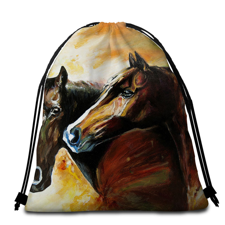 Brown Painted Horses Beach Towel Bags for Guys