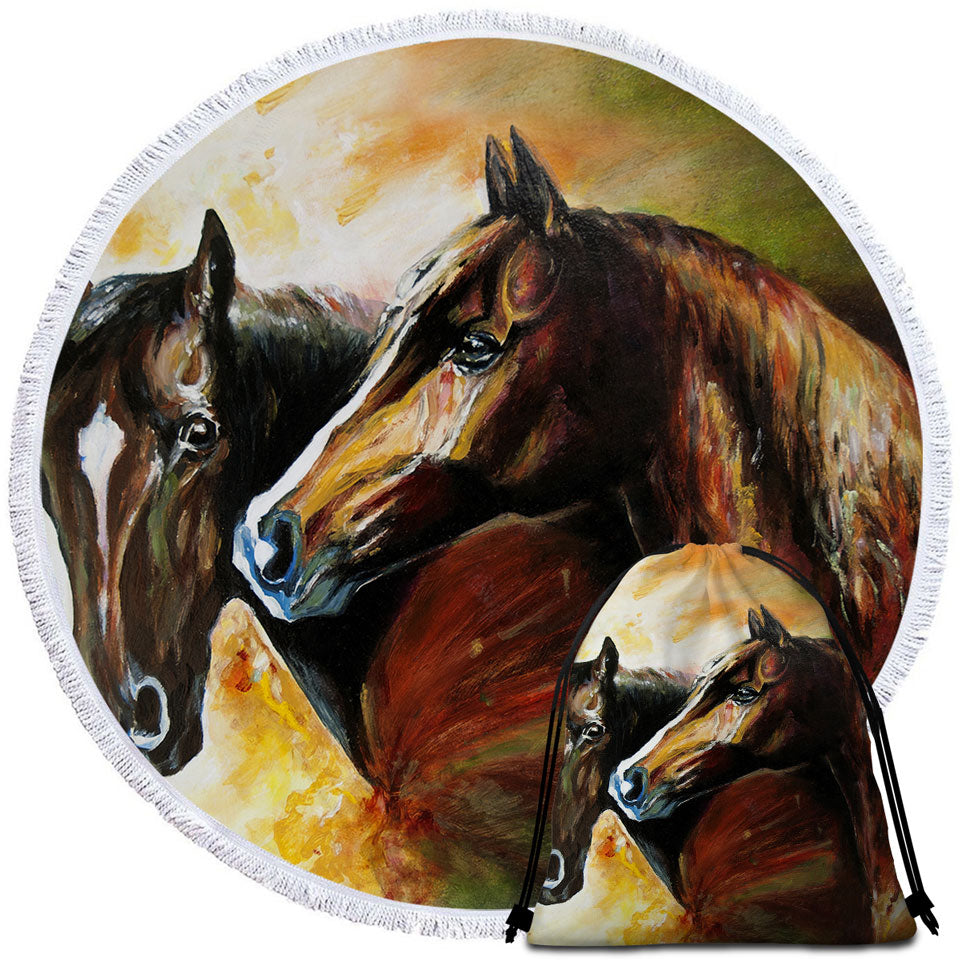 Brown Painted Horses Round Beach Towel for Men