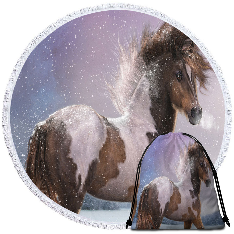 Brown White Pinto Horse Round Beach Towel the Winters Heart