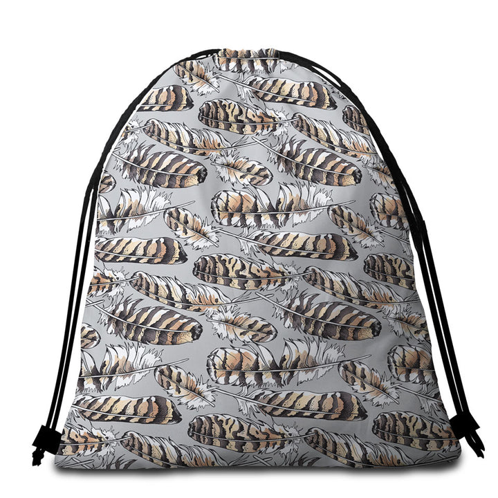 Brownish Feathers Beach Towel Bags