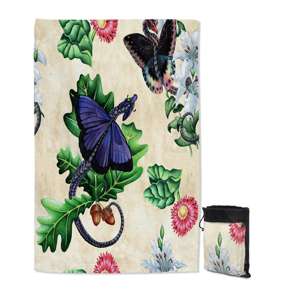 Butterflies Dragons and Flowers Quick Dry Beach Towel