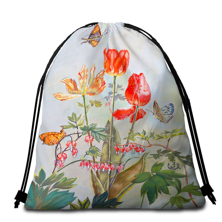 Butterflies and Flowers Art Bleeding Hearts and Tulips Beach Towel Bags