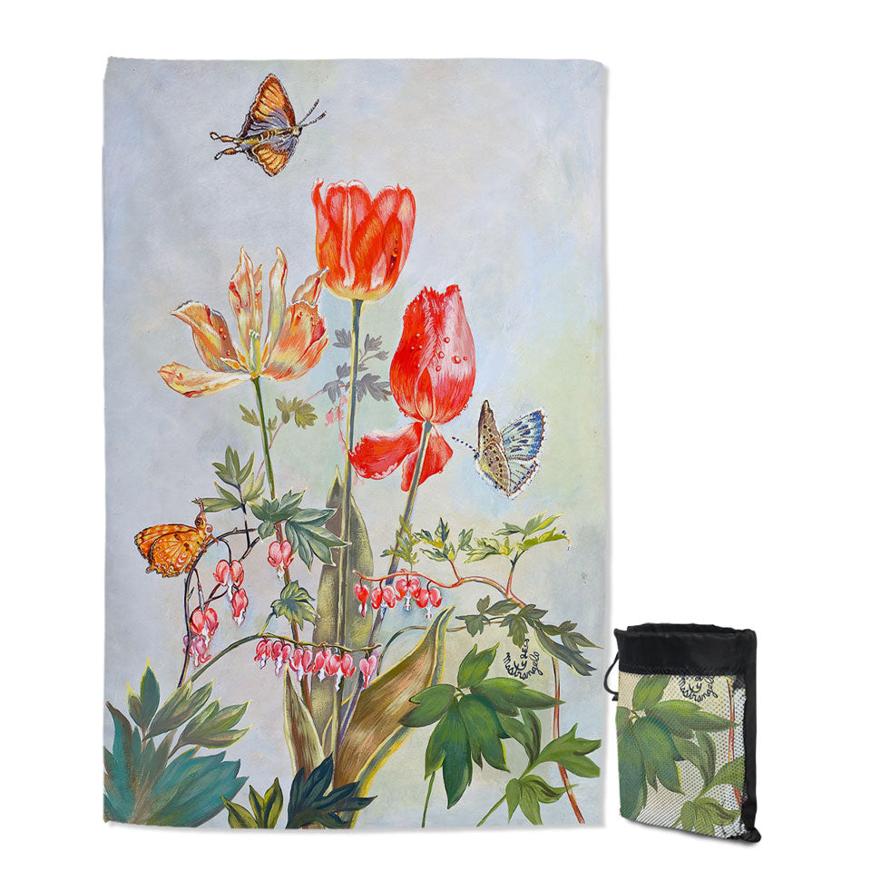Butterflies and Flowers Art Bleeding Hearts and Tulips Beach Towels