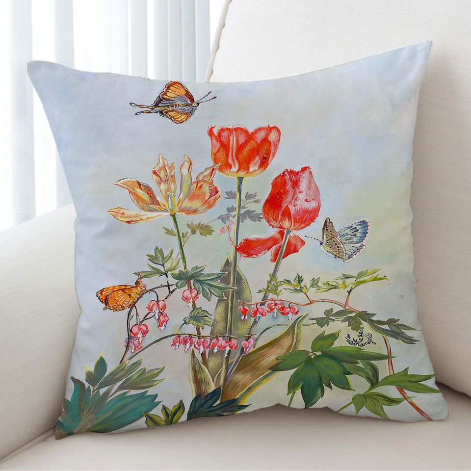 Butterflies and Flowers Art Bleeding Hearts and Tulips Cushion