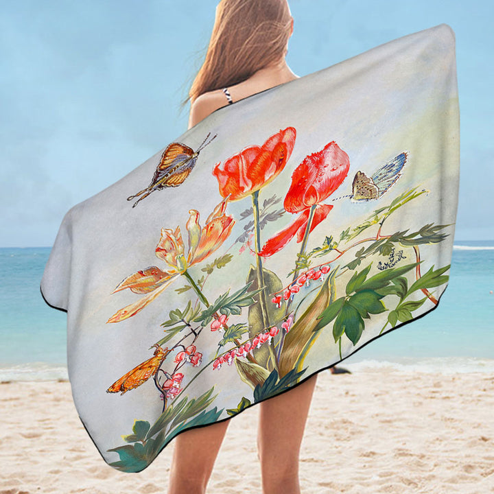 Butterflies and Flowers Art Bleeding Hearts and Tulips Microfiber Beach Towel