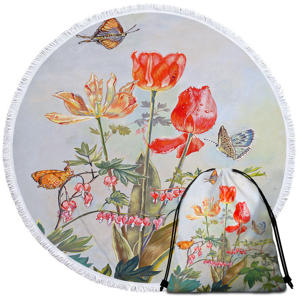 Butterflies and Flowers Art Bleeding Hearts and Tulips Microfiber Towels For Travel