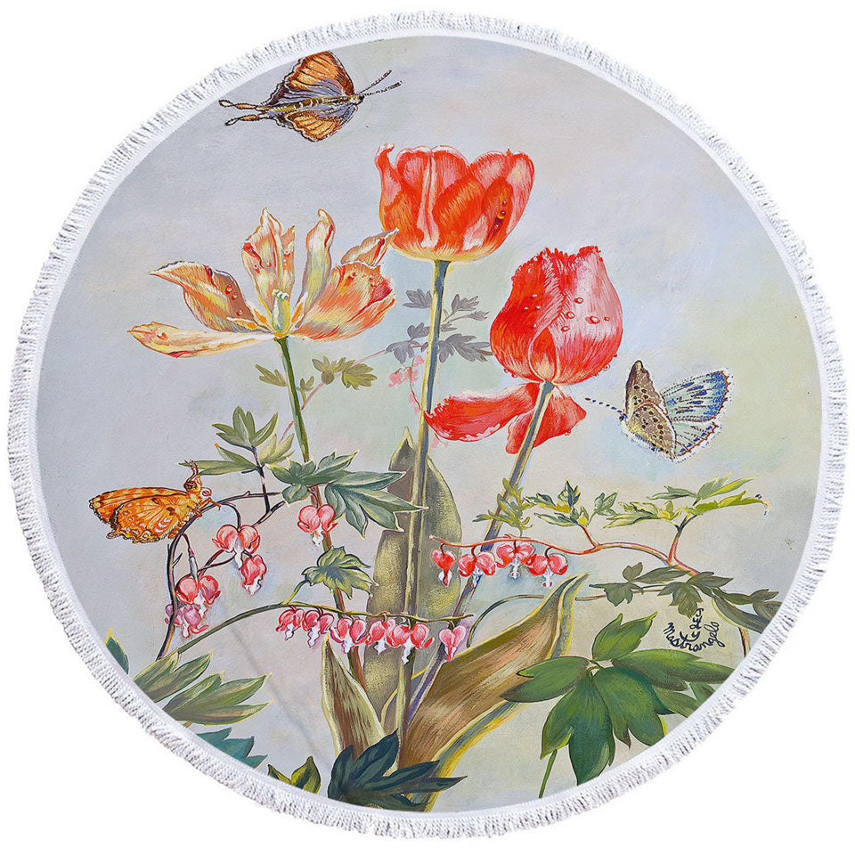 Butterflies and Flowers Art Bleeding Hearts and Tulips Round Beach Towel