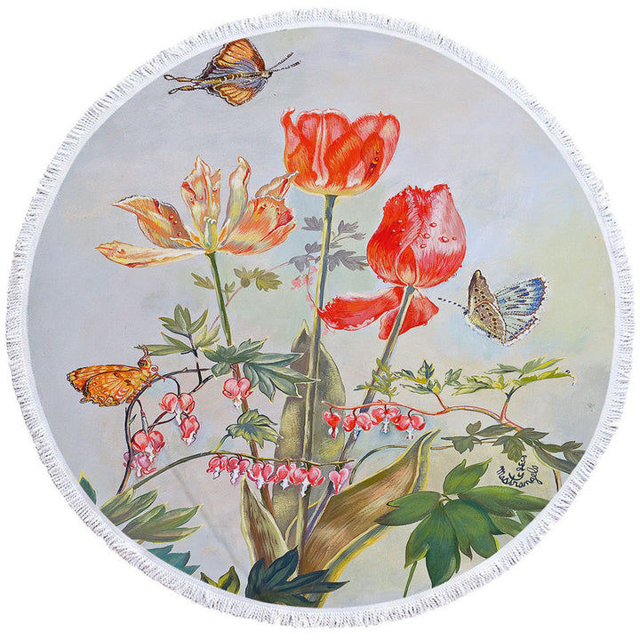 Butterflies and Flowers Art Bleeding Hearts and Tulips Round Beach Towel