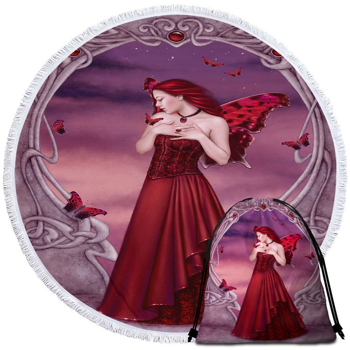 Butterflies and Red Garnet Butterfly Girl Travel Beach Towel