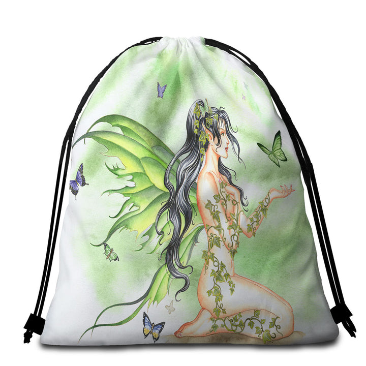 Butterflies and the Green Vines Fairy Packable Beach Towel
