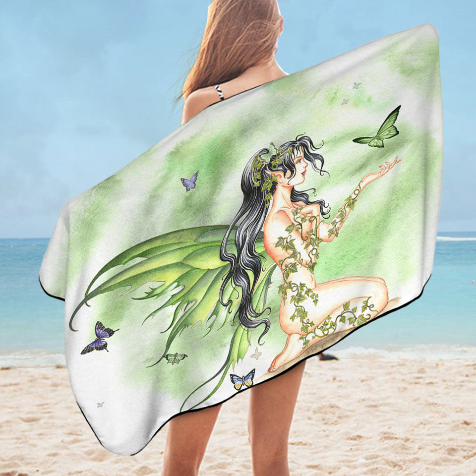 Butterflies and the Green Vines Fairy Womens Beach Towel