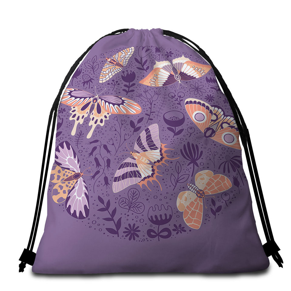 Butterfly Beach Towel Bags Peach Butterflies over Floral Purple