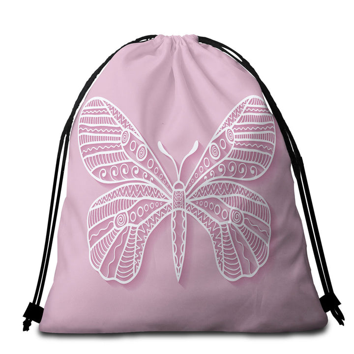 Butterfly Drawing over Purple Beach Towel Bags