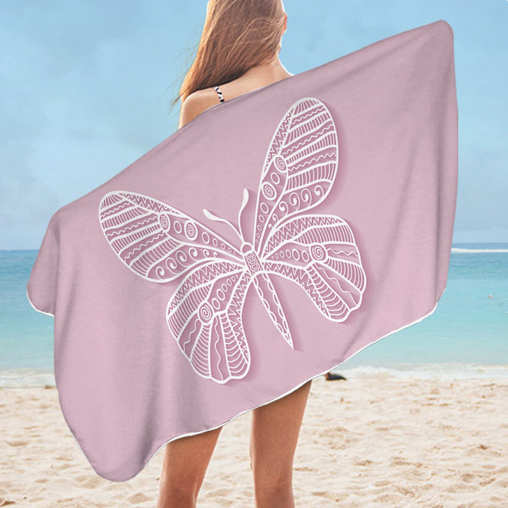 Butterfly Drawing over Purple Womens Beach Towel