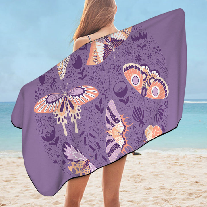Butterfly Pool Towel Peach Butterflies over Floral Purple