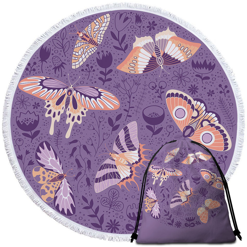 Butterfly Round Beach Towel Peach Butterflies over Floral Purple