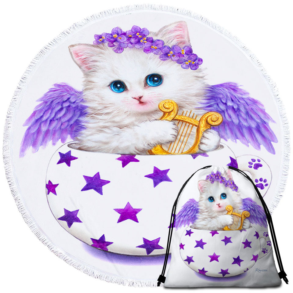 Cat Art Drawings the Cup Kitty Harp Angel Beach Towels