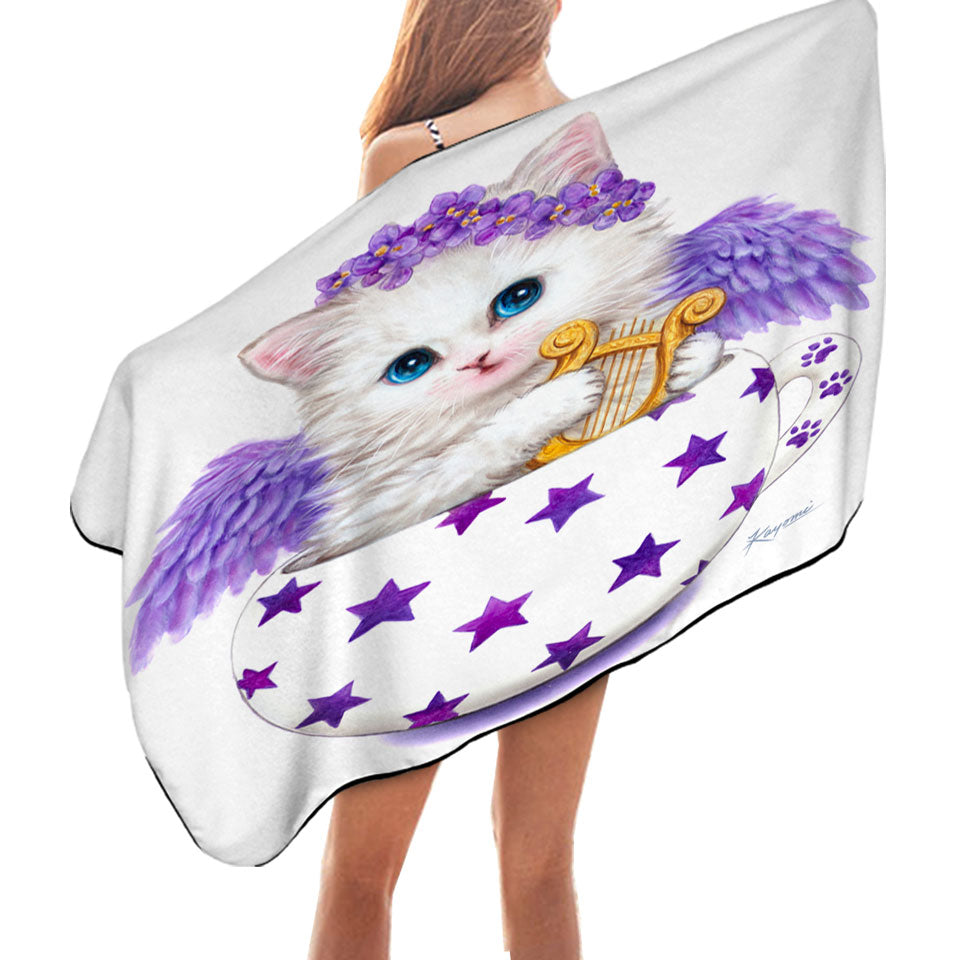 Cat Art Drawings the Cup Kitty Harp Angel Microfiber Beach Towel
